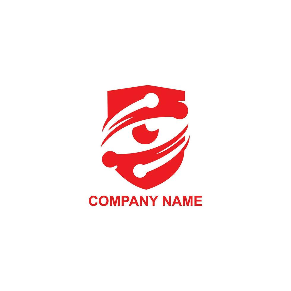 Abstract Cyber Security Logo Line. Red Shield Icon Linear Style with Eye Lens Camera Combination isolated on White Background. Flat Vector Logo Design Template Element.