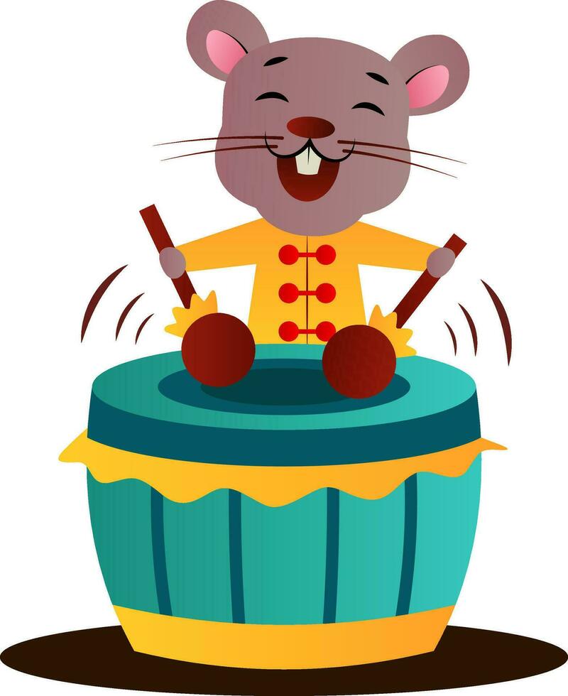 Cartoon chinese mouse playing drums vector illustration on white background