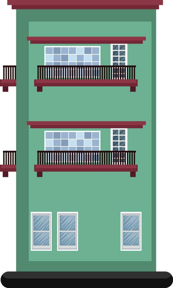 Cartoon green building with red roof and two floors vector illustartion on white background