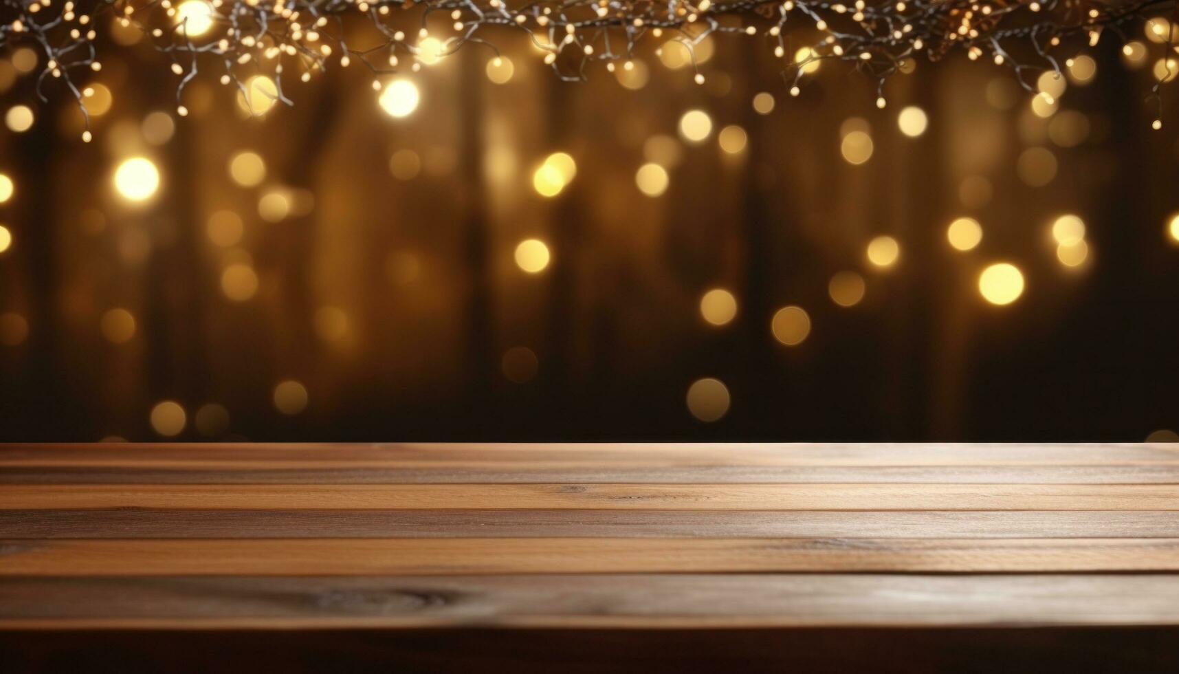 AI generated christmas table backgrounds with lights and trees, photo