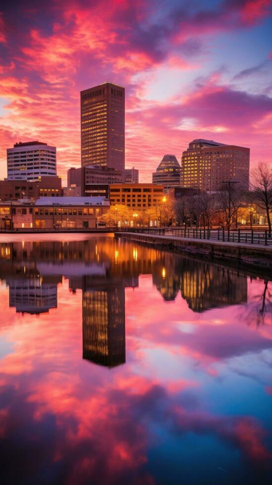 ai generado un ciudad horizonte reflejado en un calma cuerpo de agua, foto