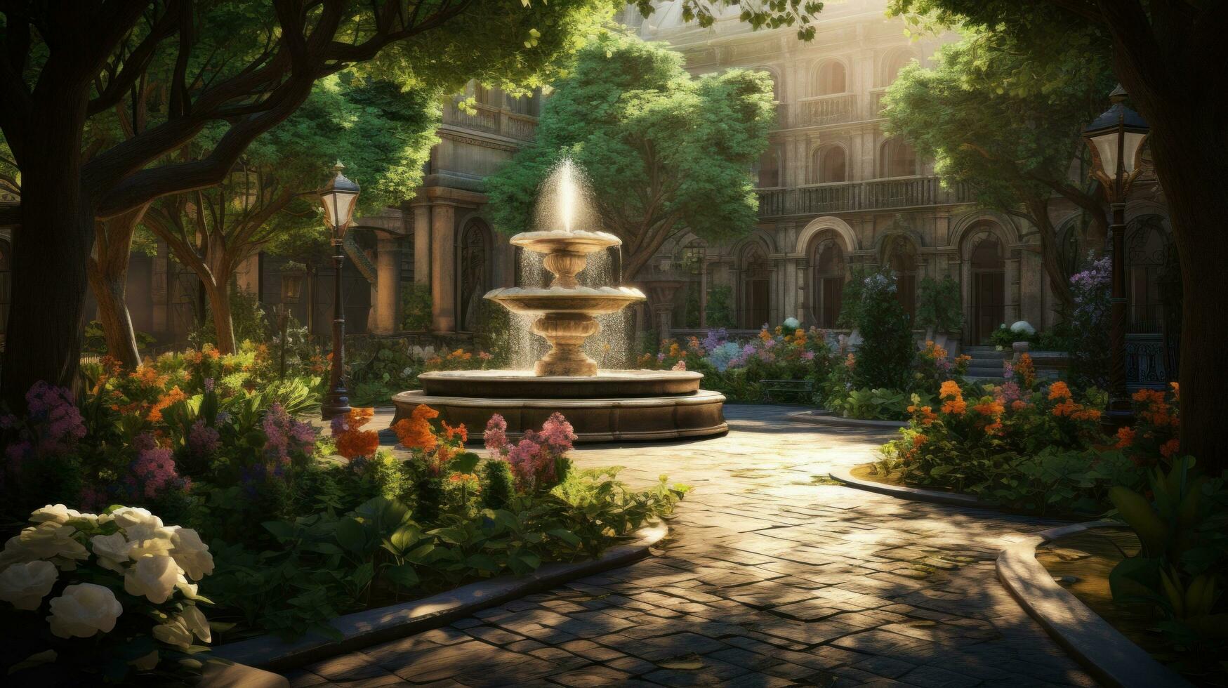 AI generated hidden garden oasis in the heart of the city, with blooming flowers photo
