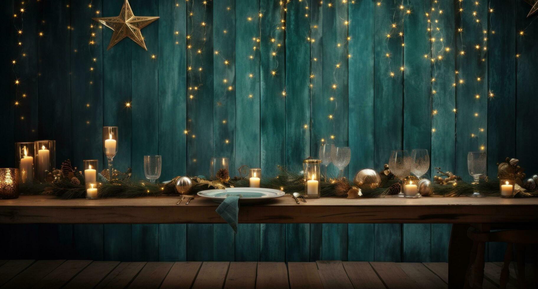 AI generated christmas table and background with lights, photo