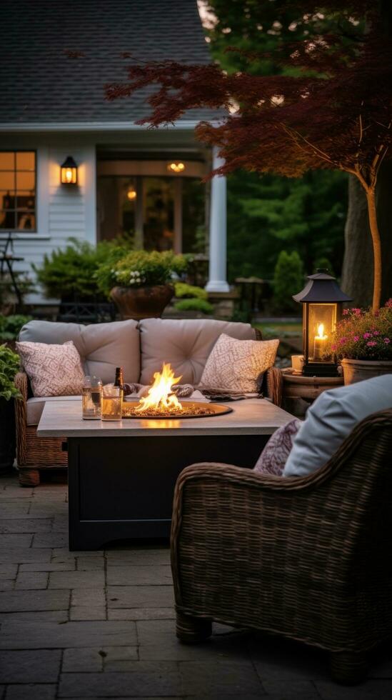 ai generado un al aire libre patio con un fuego pozo y cómodo asientos, foto