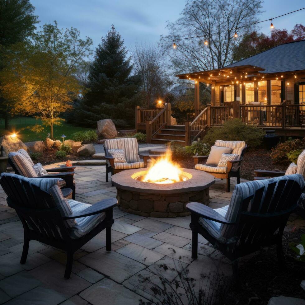 AI generated An outdoor patio with a fire pit and comfortable seating, photo