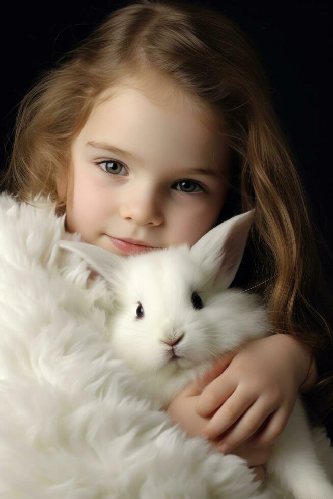 AI generated A young girl gently cradles a fluffy white bunny, both with peaceful expressions on their faces. photo