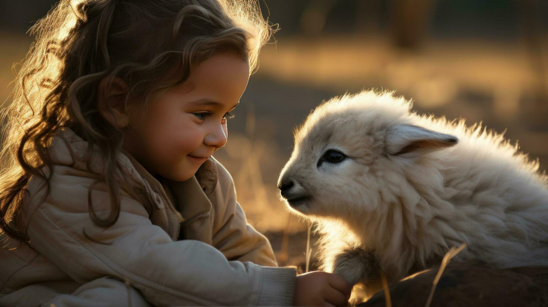 AI generated A young girl looks on in wonder as a baby goat nuzzles affectionately against her hand photo