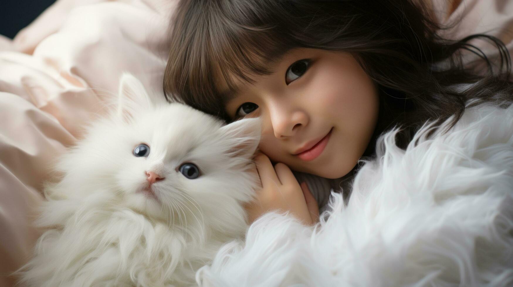 AI generated A young girl gently cradles a fluffy white bunny, both with peaceful expressions on their faces. photo