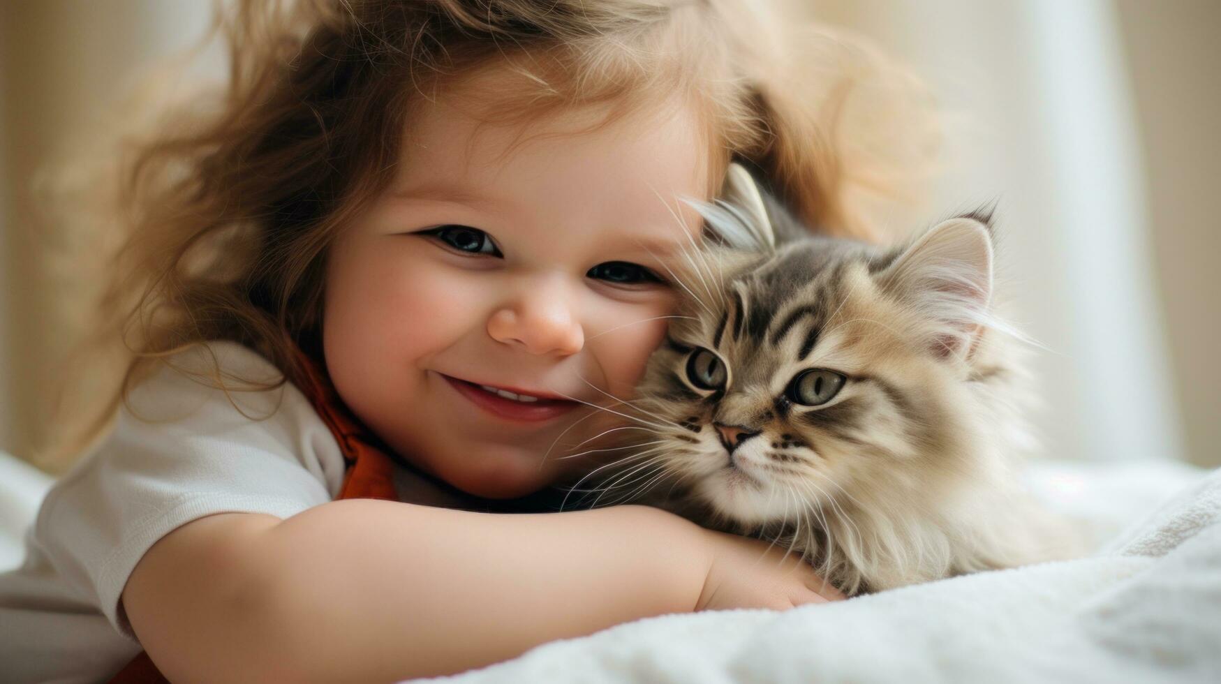 ai generado un adorable niñito risitas con deleite como ella acurrucarse un borroso pequeño gatito en su brazos. foto