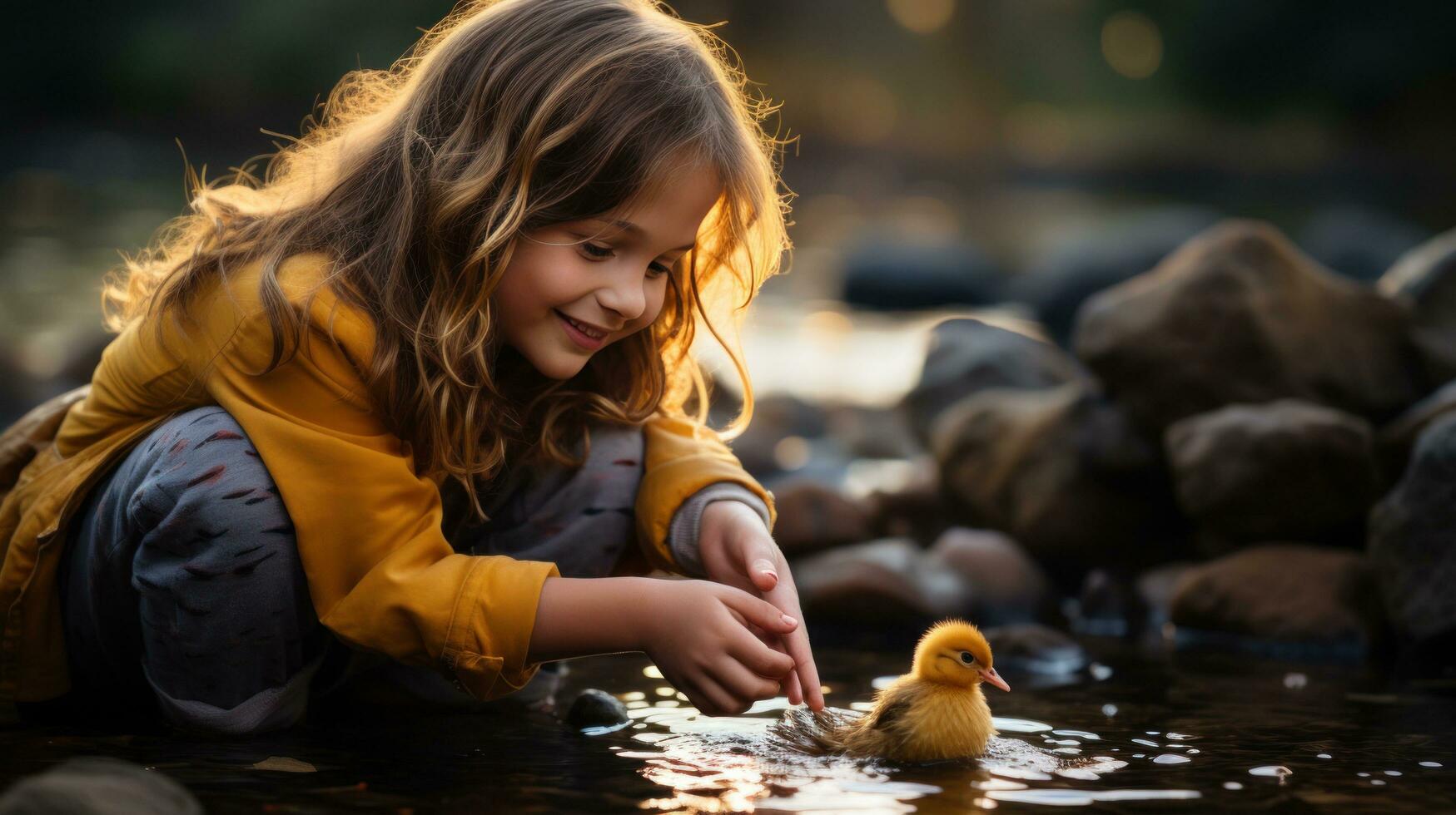 AI generated A young girl beams with pride as she carefully balances a small and wobbly duckling in her palm photo