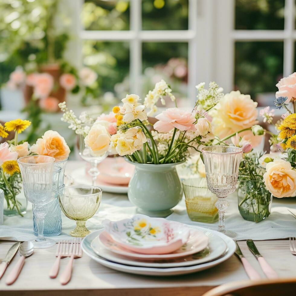 AI generated A table decorated with fresh flowers and pastel-colored tableware invites guests to a lively spring gathering. photo