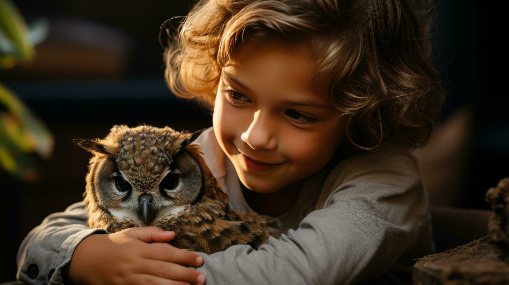 AI generated A young boy tenderly strokes the soft feathers of a baby owl perched on his arm. photo