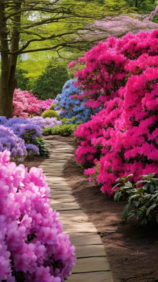ai generado un maravilloso primavera jardín con vibrante rosado y púrpura flores en lleno floración, foto