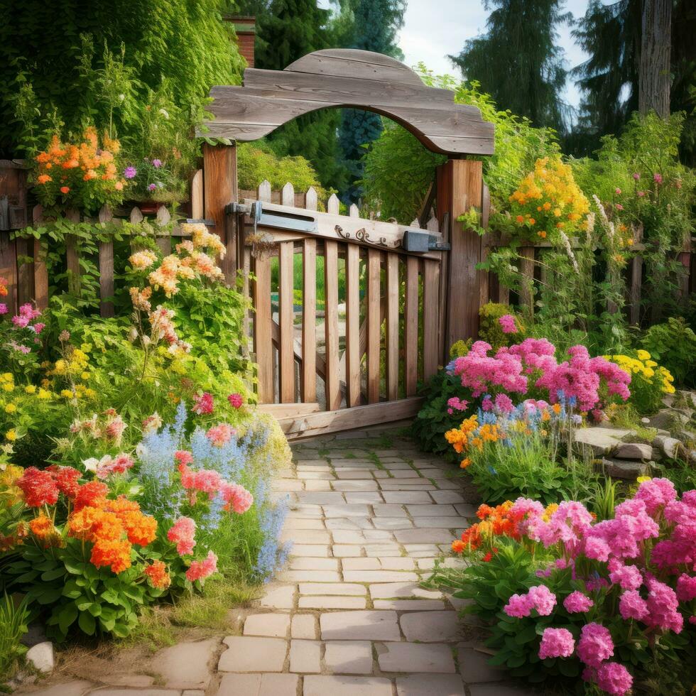 AI generated A picturesque spring garden with a rustic wooden gate and a variety of colorful flowers, photo