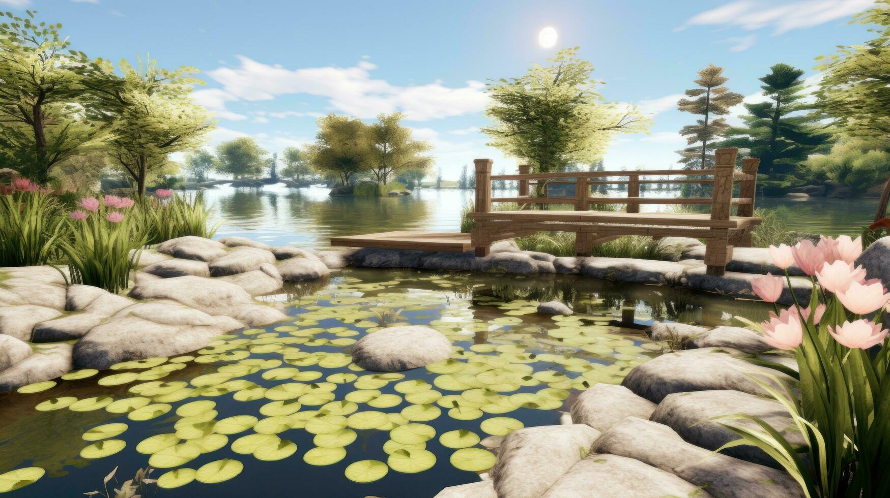 AI generated A serene spring garden with a pond and lily pads, photo