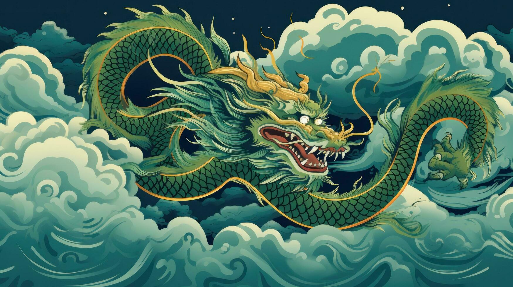 AI generated A regal green and gold Chinese dragon, surrounded by swirling clouds and set against a deep blue background photo