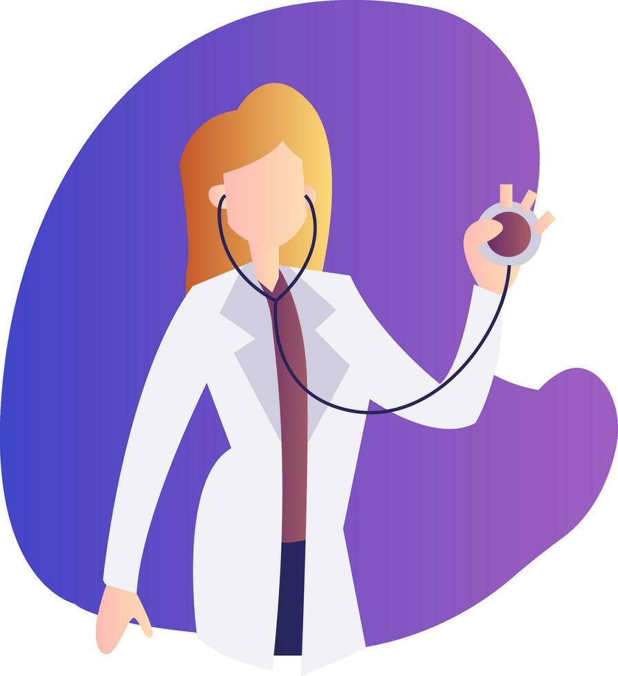 Vector illustration of a female doctor holding a stetoscope inside a purple bubble on a white background