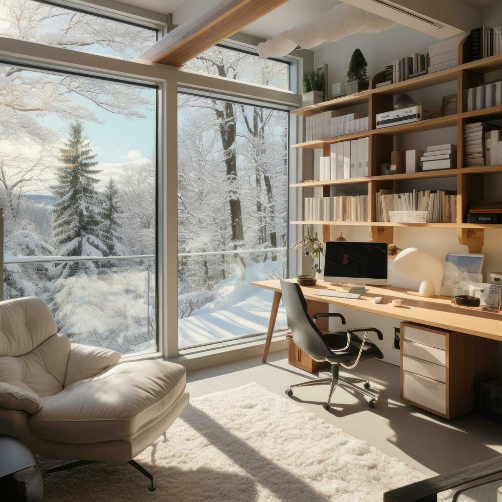 AI generated A home office with a view of a snowy landscape, photo
