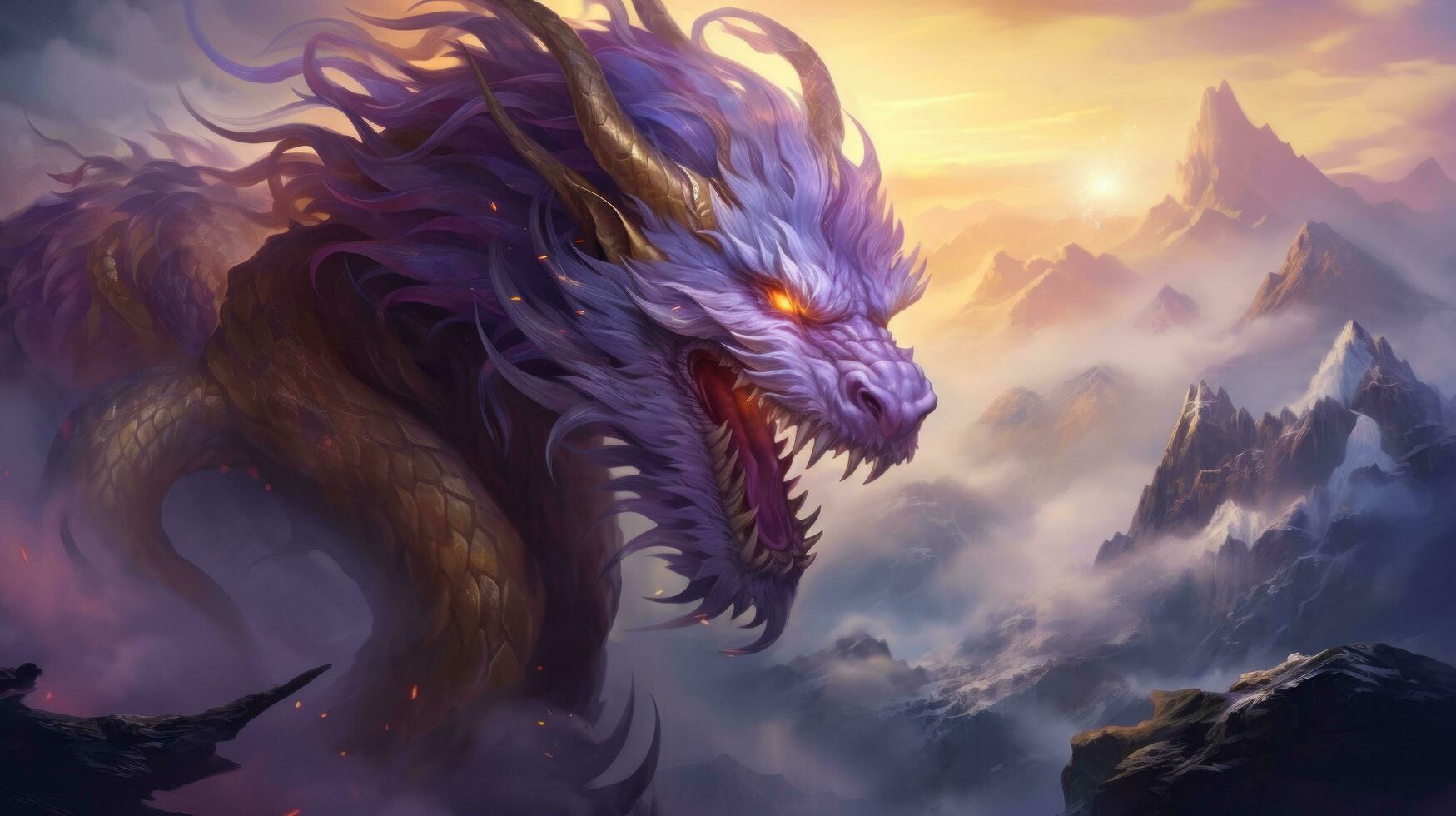 AI generated A majestic Chinese dragon in shades of purple and gold, photo