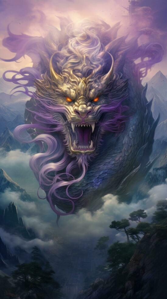 AI generated A majestic Chinese dragon in shades of purple and gold, photo