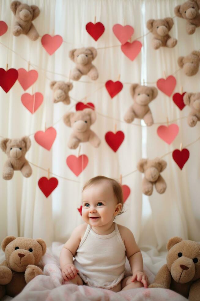 AI generated A nursery decorated with heart-shaped mobiles, blankets, photo