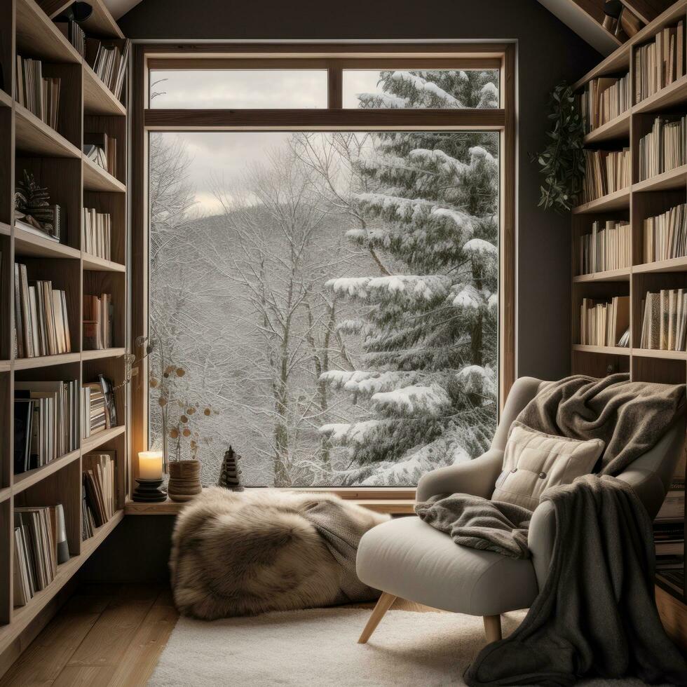 AI generated A reading nook with a comfortable armchair and a bookshelf filled with winter-themed reads, photo