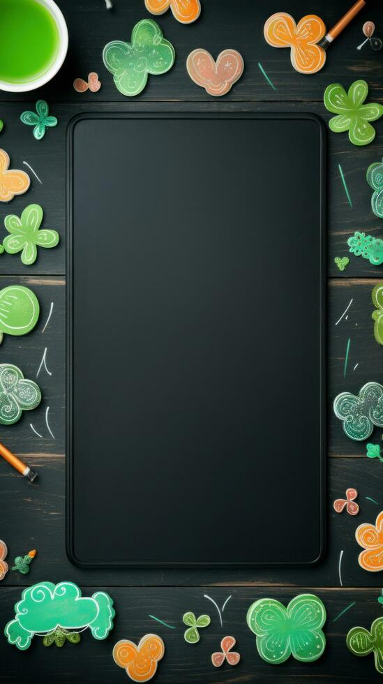 AI generated A playful St. Patrick's Day background with a green chalkboard photo