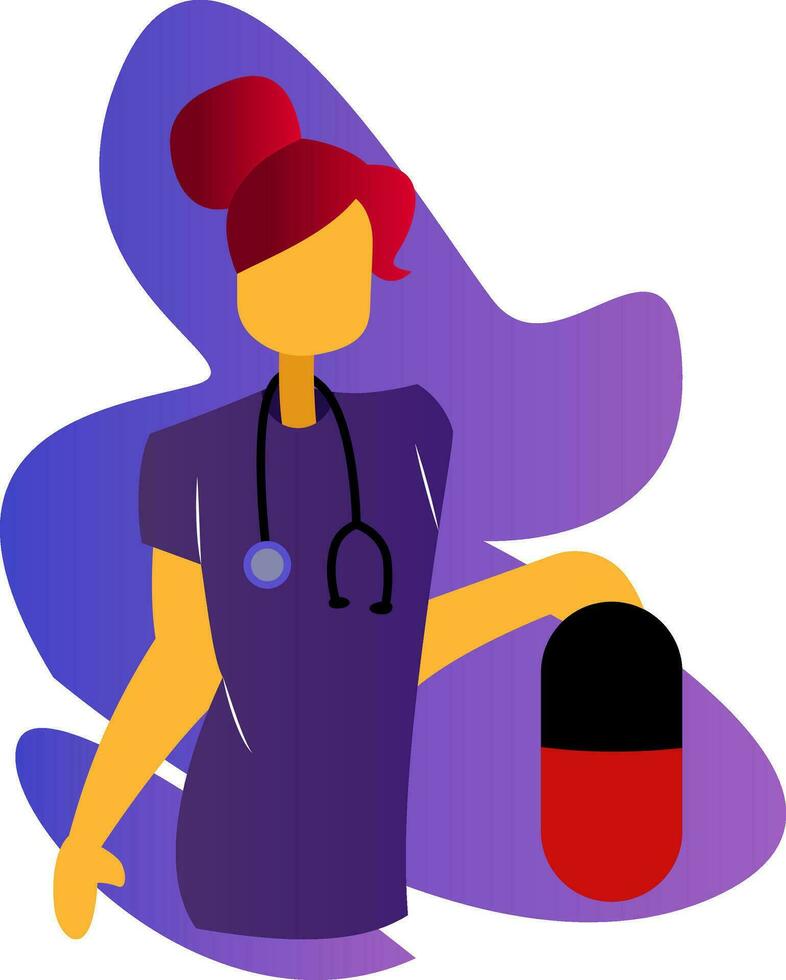 Simple vector multicolor illustration of a nurse in purple medical suit holding huge pill on a white background