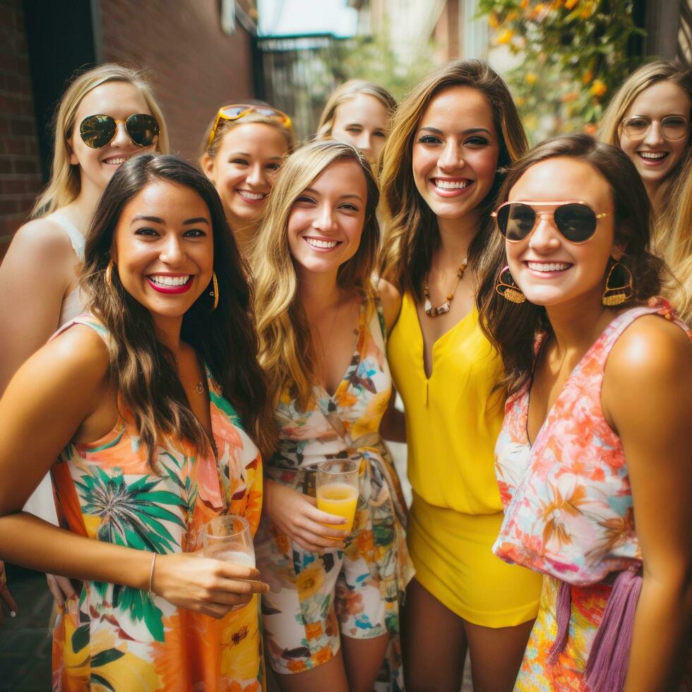 AI generated A group of stylish friends pose for a fun photo at a spring party,