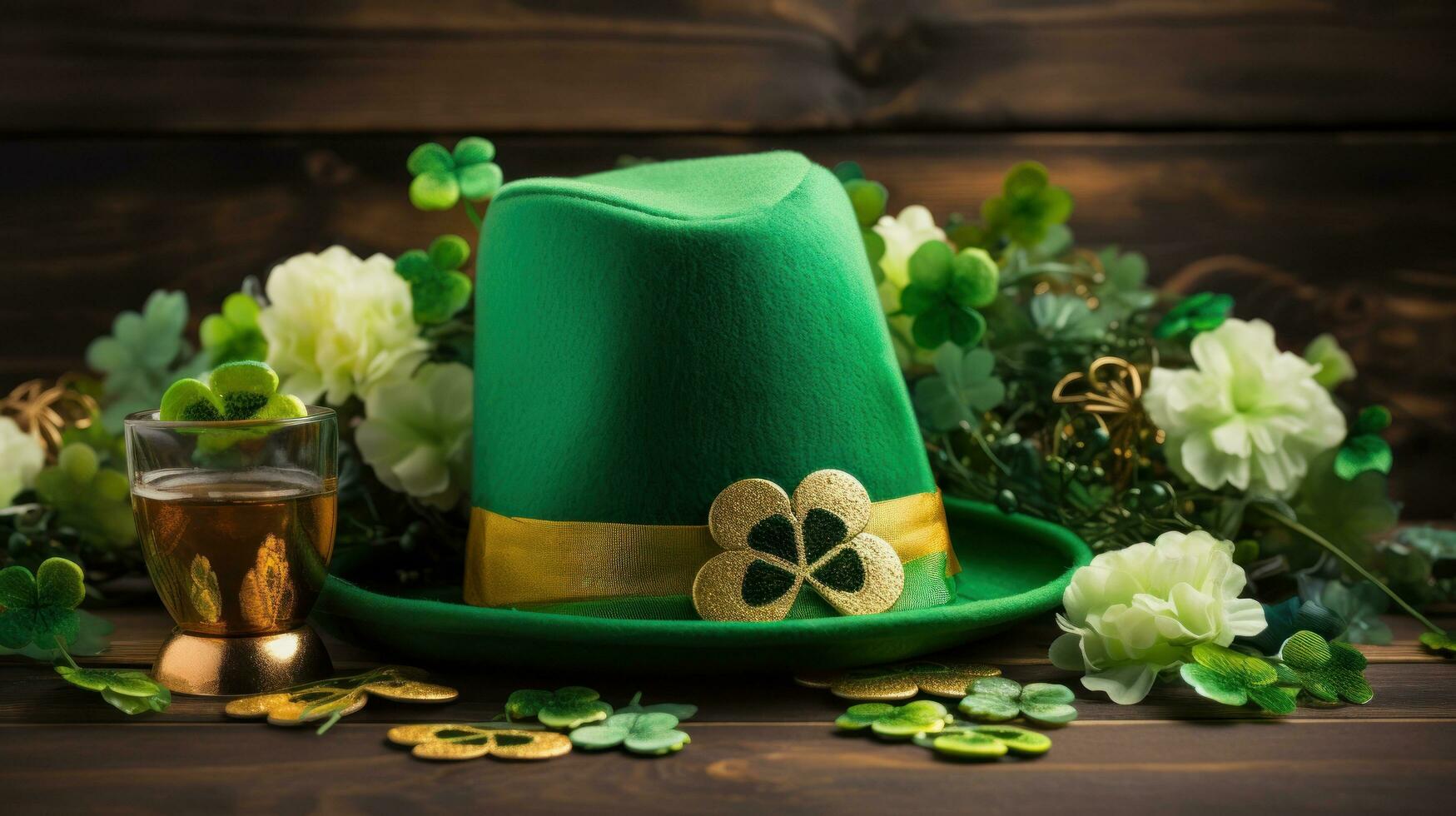 AI generated A festive St. Patrick's Day scene with shamrocks, hats, photo