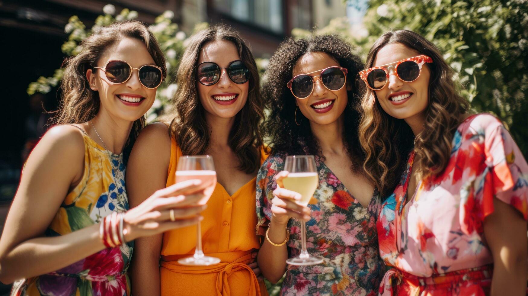 ai generado un grupo de elegante amigos actitud para un divertido foto a un primavera fiesta,