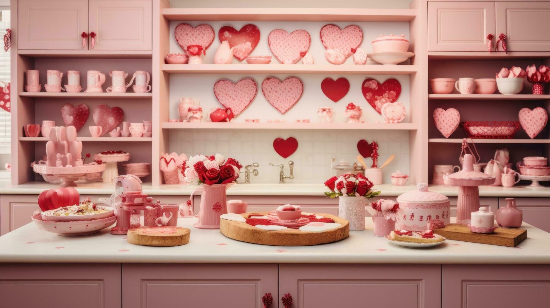 AI generated A kitchen decorated with heart-shaped cookie cutters, red and pink utensils, photo