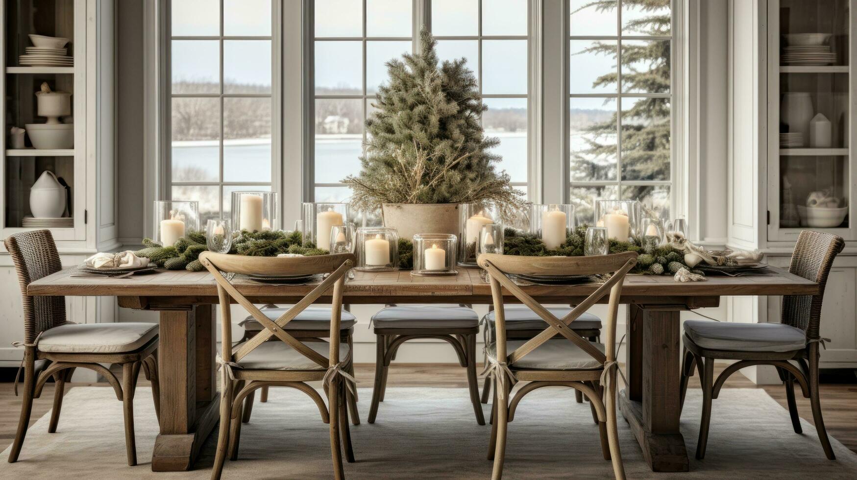 AI generated A dining room with a rustic farmhouse table and wintery centerpieces, photo