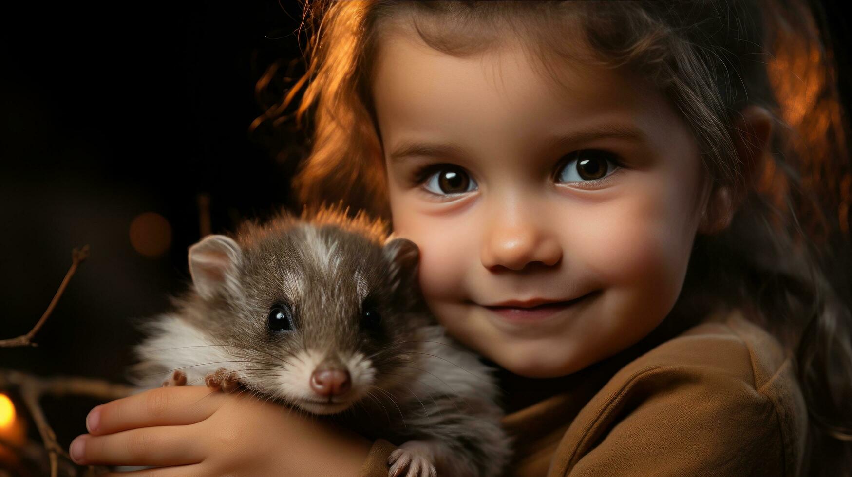 ai generado un curioso pequeño niña compañeros en preguntarse a un minúsculo y borroso bebé erizo descansando en su manos. foto