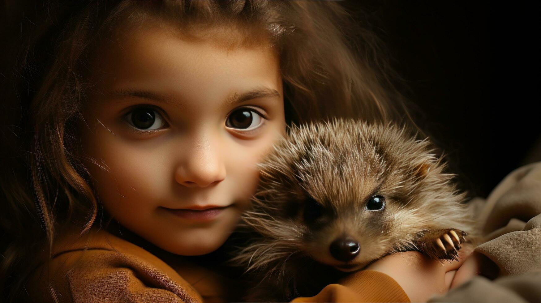 AI generated A curious little girl peers in wonder at a tiny and fuzzy baby hedgehog resting in her hands. photo