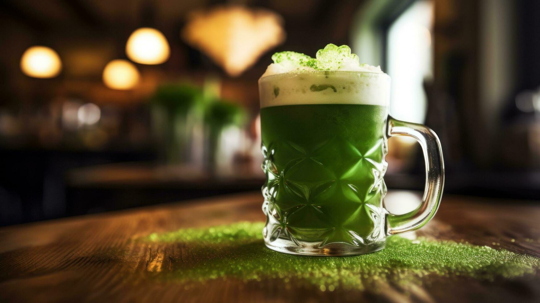AI generated A festive St. Patrick's Day image with a green beer mug and a shamrock on a wooden table photo