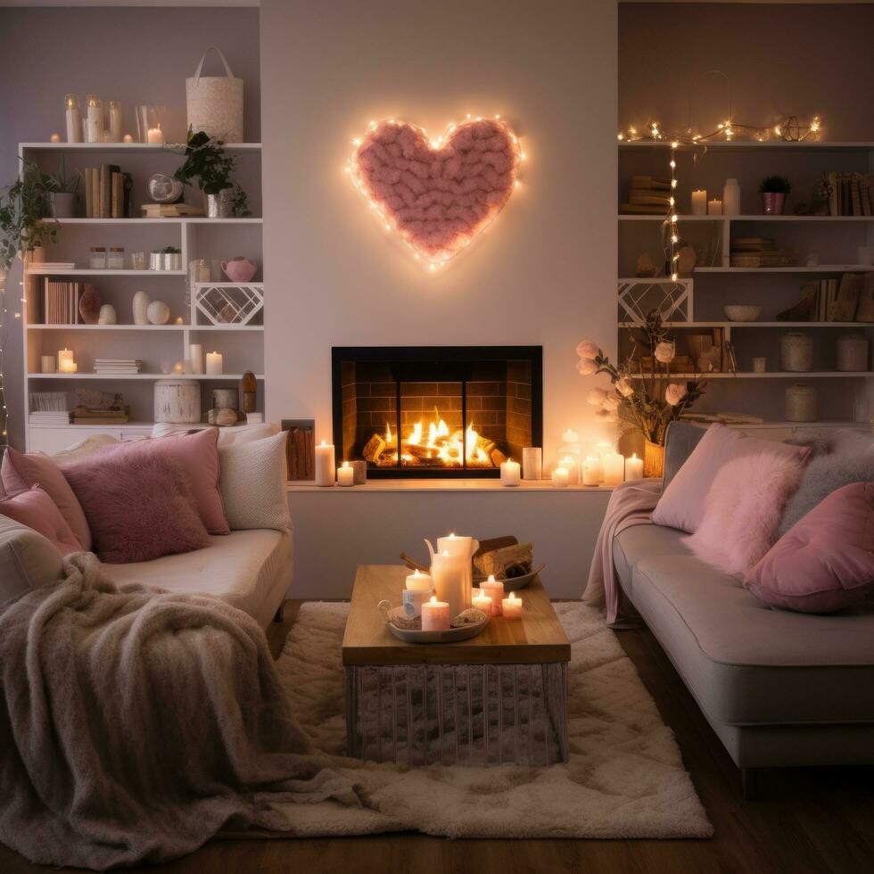 AI generated A cozy living room with a fireplace, decorated with heart-shaped garlands and candles, photo