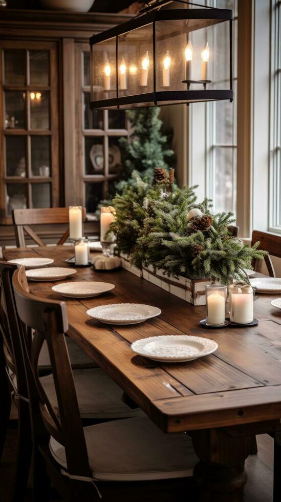 AI generated A dining room with a rustic farmhouse table and wintery centerpieces, photo