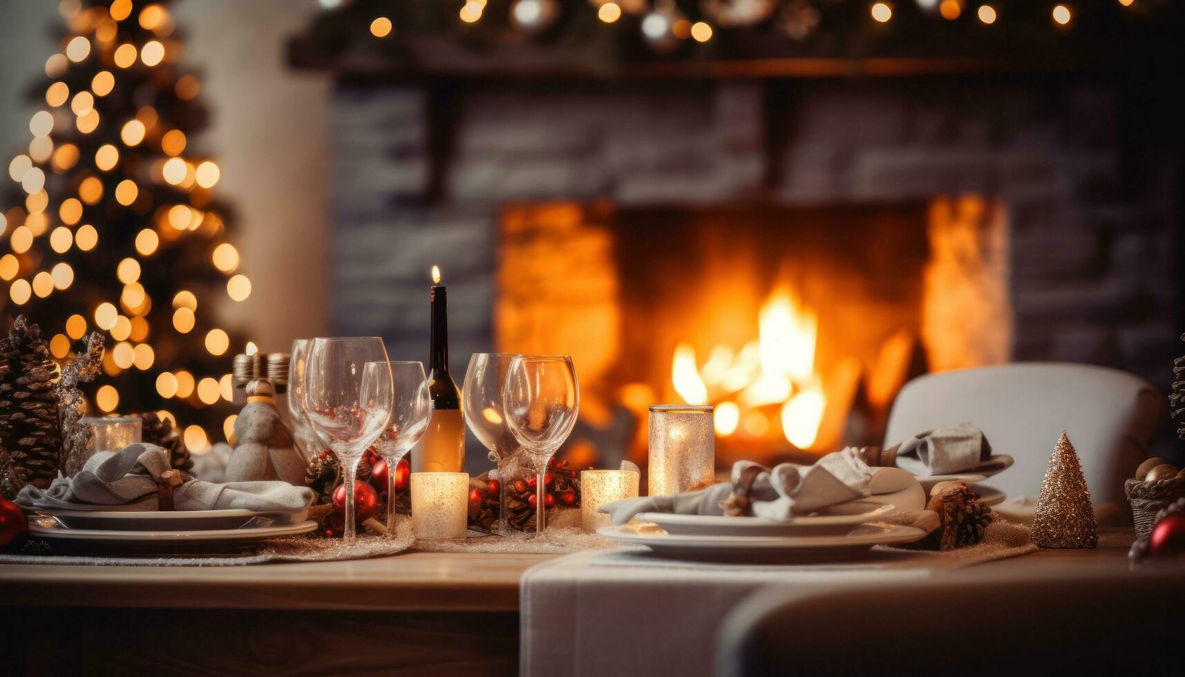 AI generated a christmas table setting with a fireplace in a background, photo