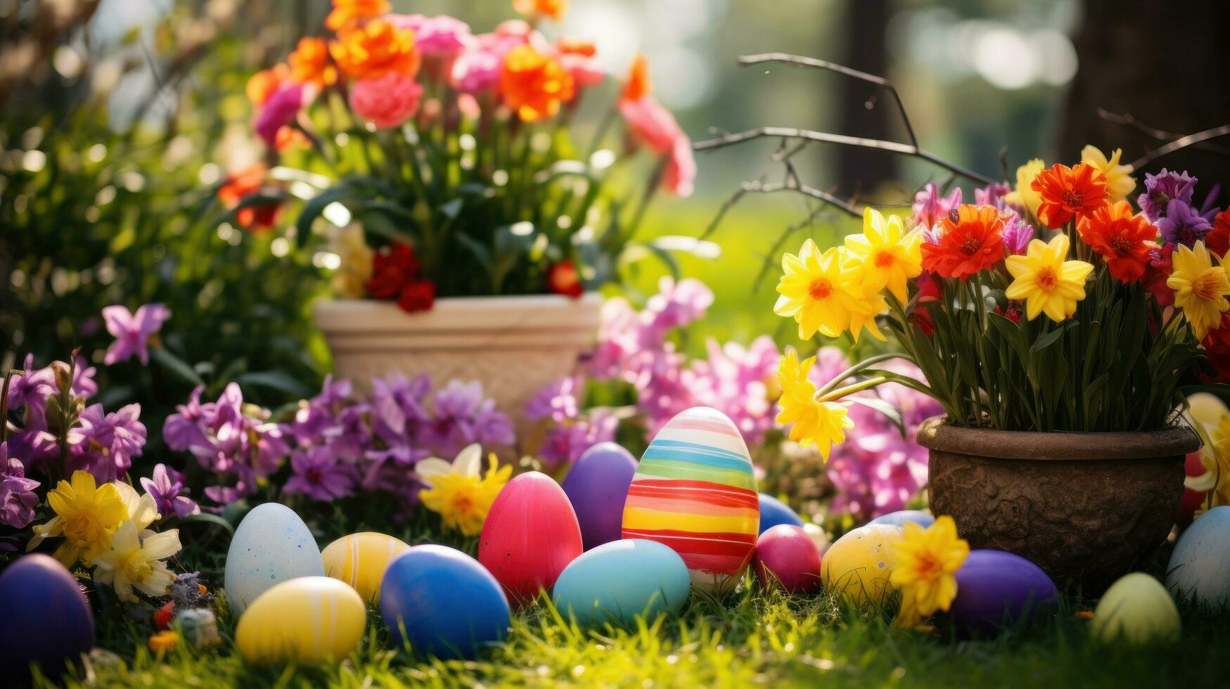 AI generated A colorful garden setting with Easter eggs hidden among the flowers photo