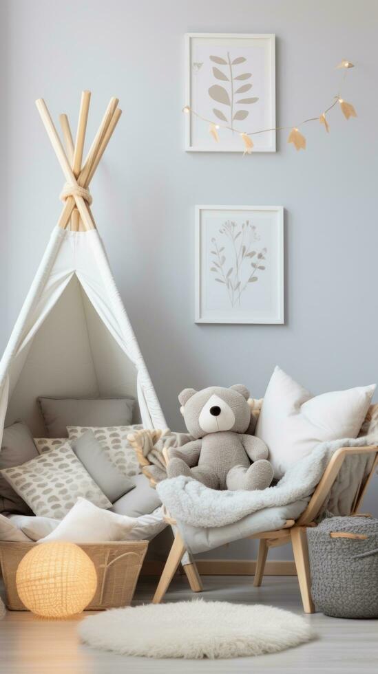 AI generated A child's bedroom with playful winter decorations and a cozy reading corner, photo