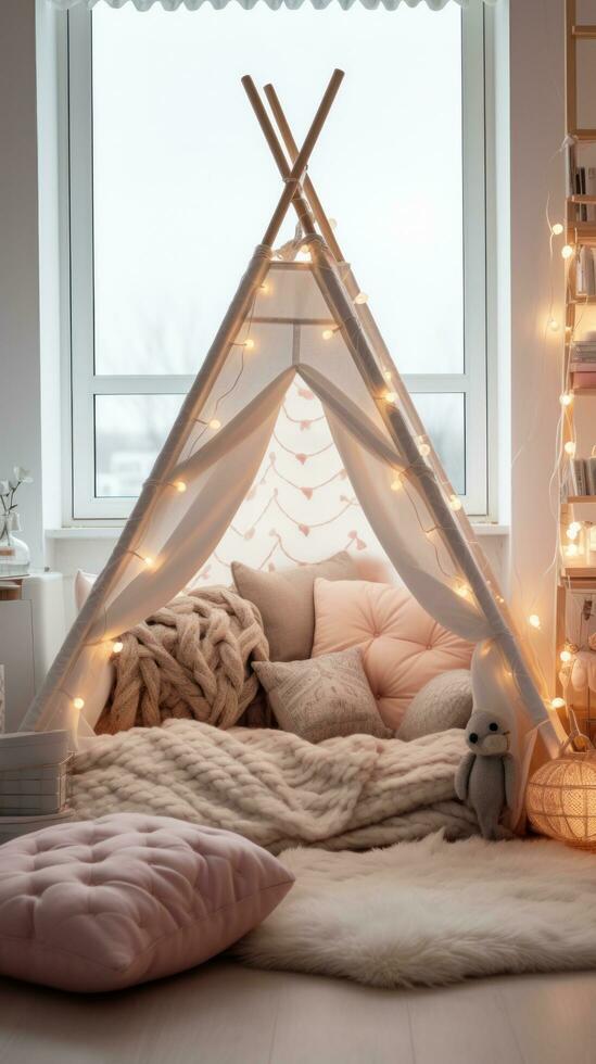 AI generated A child's bedroom with playful winter decorations and a cozy reading corner, photo