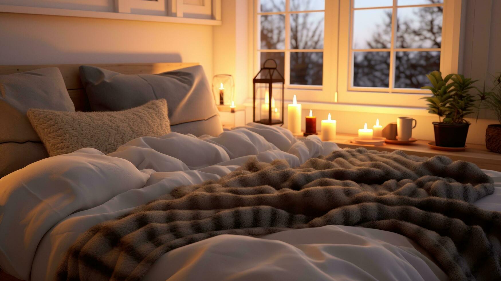 AI generated A bedroom with plush bedding and soft lighting, photo