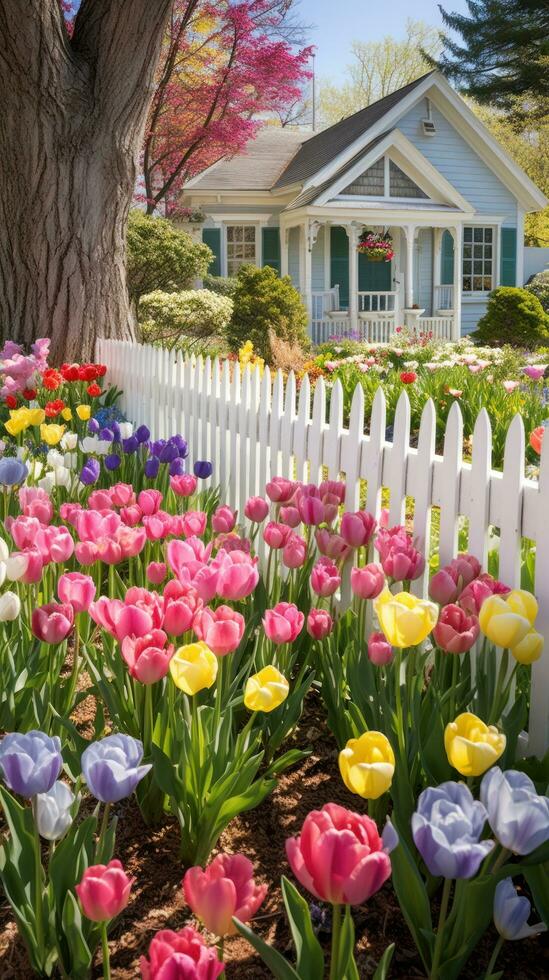 AI generated A charming spring garden with a white picket fence and a mix of colorful flowers, photo