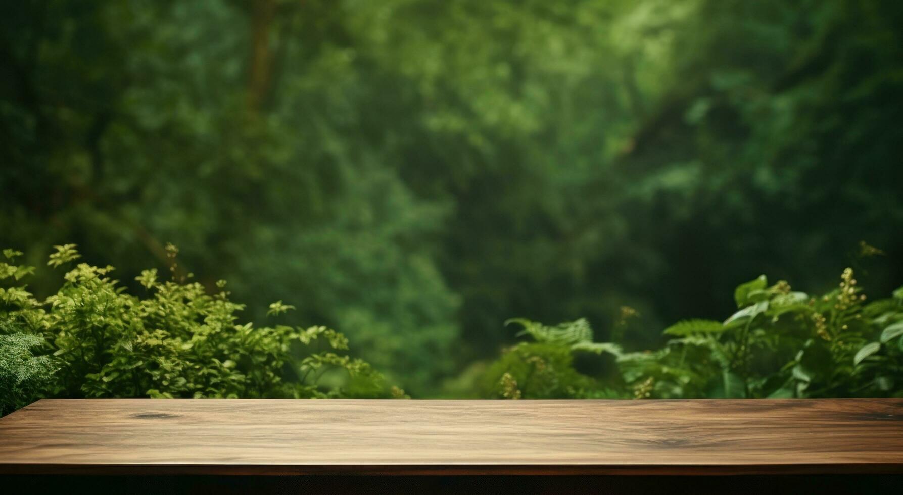 AI generated wooden table on a green grassy background photo