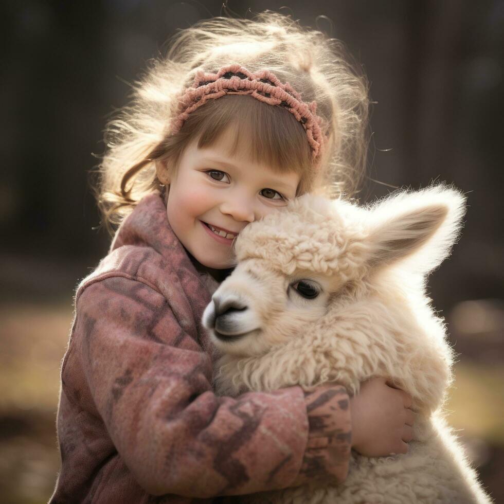 AI generated A beaming toddler cradles a fluffy and contented baby alpaca, photo