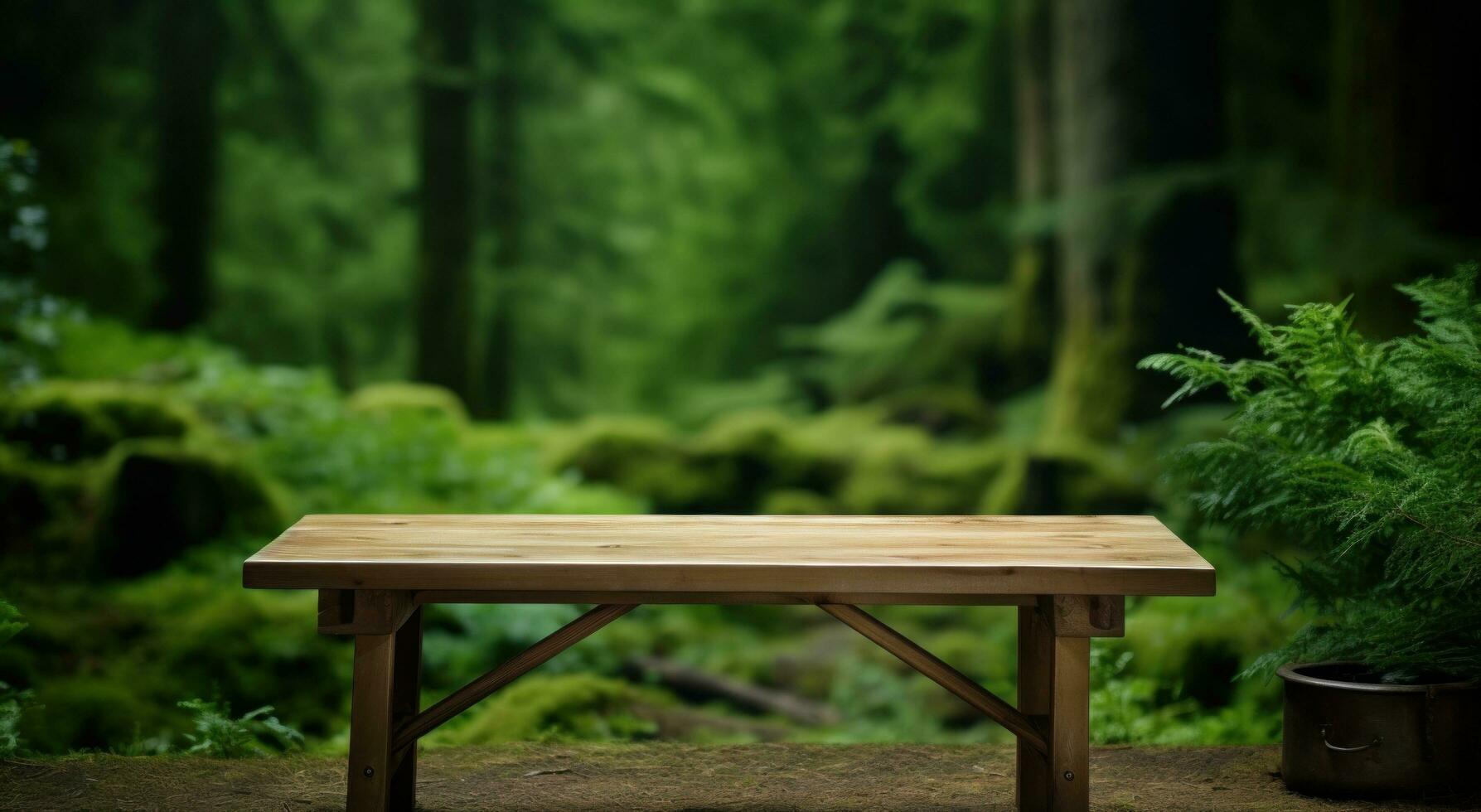 ai generado de madera mesa en un verde herboso antecedentes foto