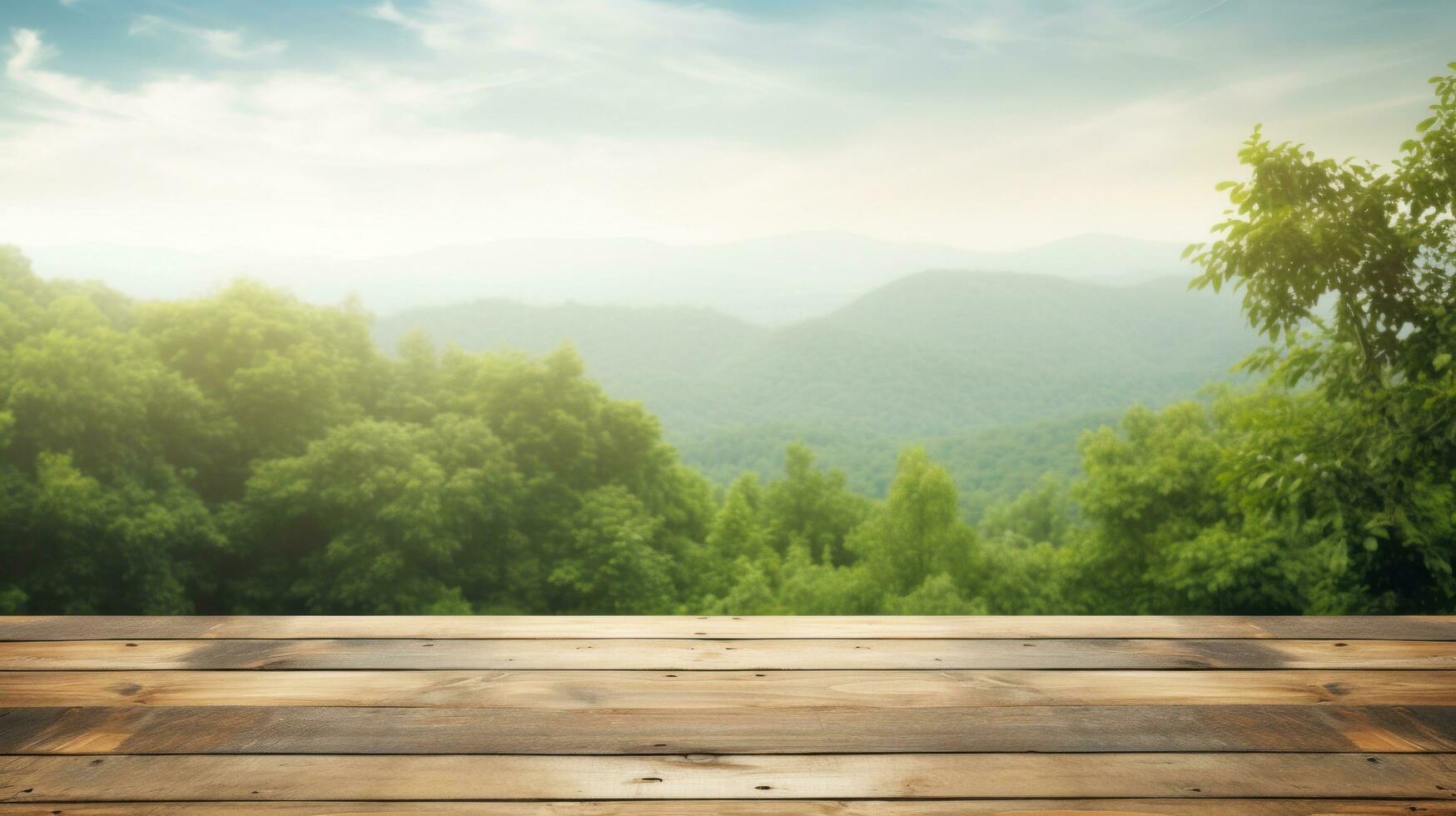 AI generated wooden table on a green grassy background photo