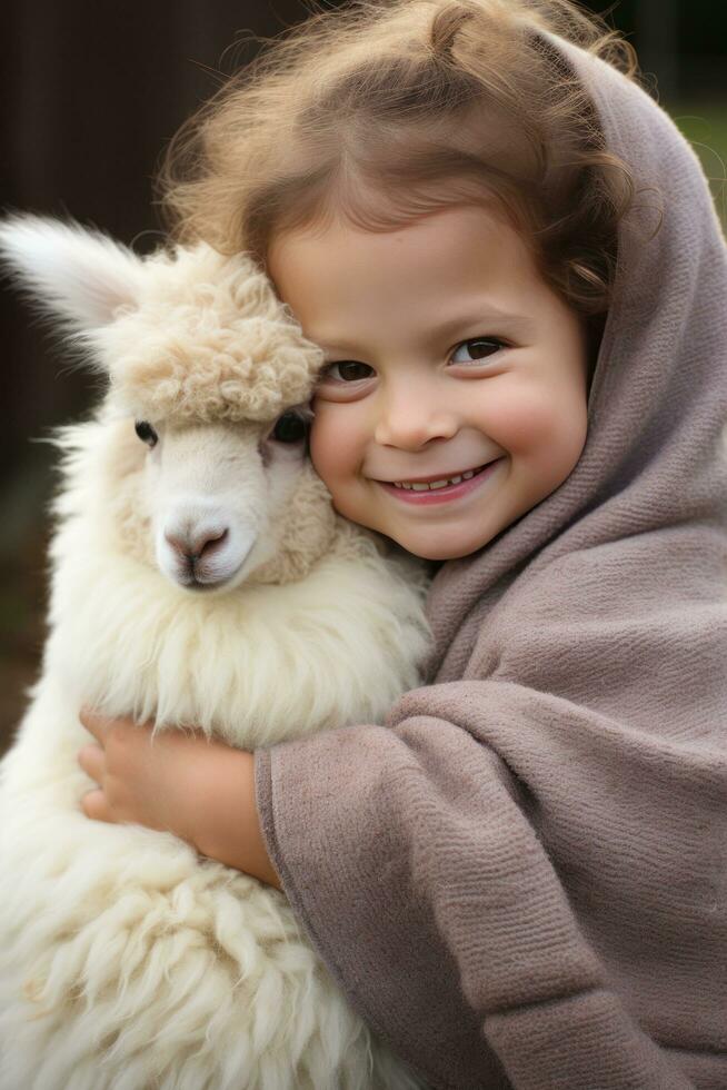 AI generated A beaming toddler cradles a fluffy and contented baby alpaca, photo