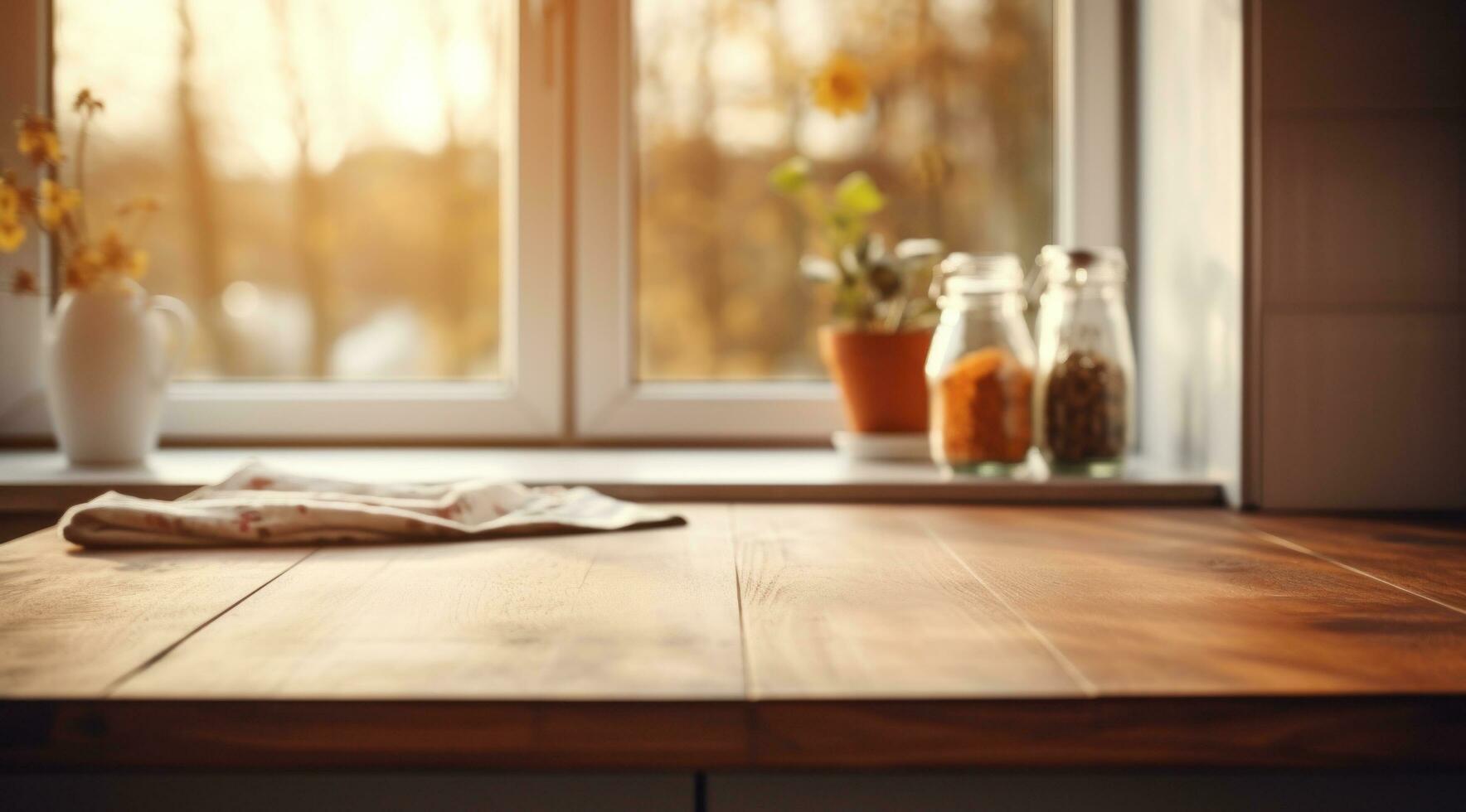 AI generated wood kitchen table in window background blurry, photo